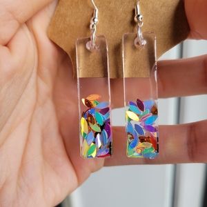 Clear and colorful confetti dangle earrings